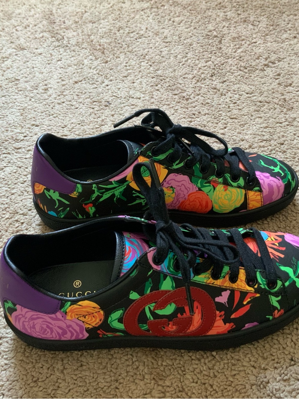 Gucci X Ken Scott Ace Women’s Black Casual Floral Logo Leather Sneakers Size 37 - Picture 2 of 13